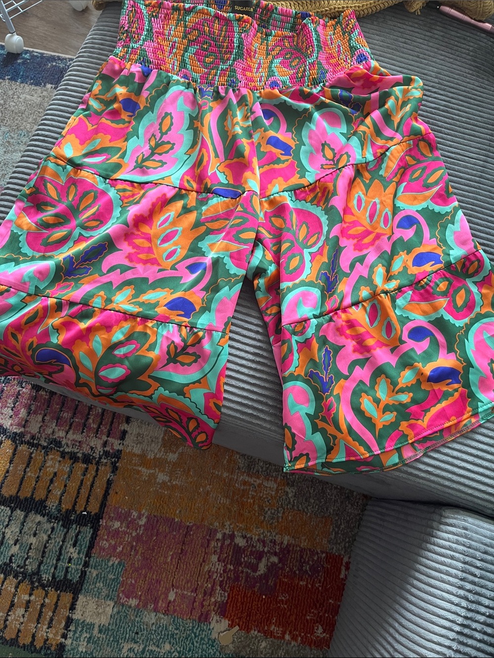 Colorful Smocked Waist Floral wide leg, caprice - Pink/Green sz 1X